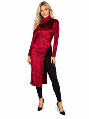 AKIRA Red Crushed Velvet High Slit Turtleneck Long Top NWT